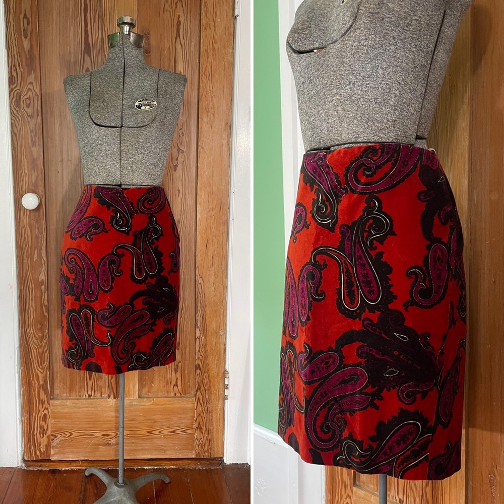 Talbots Paisley Velvet Red Black Pencil Skirt Women’s Size 8P